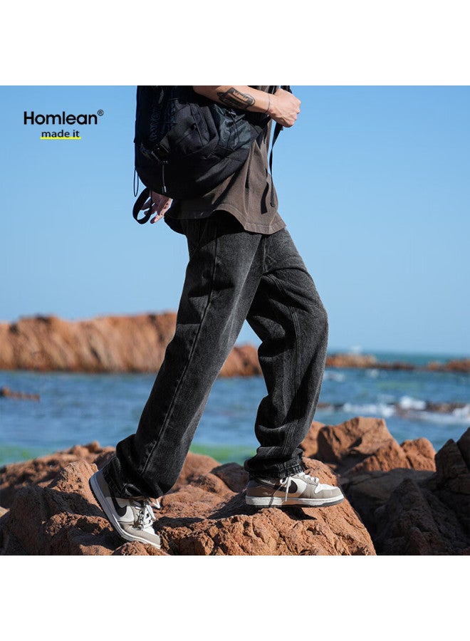 Homlean بنطلون رجال شتوي كلاسيكي بسيط ريترو فضفاض مستقيم واسع K3306 أسود XL - Image 5