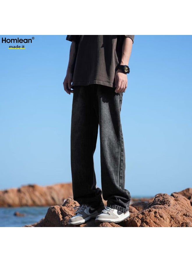 Homlean بنطلون رجال شتوي كلاسيكي بسيط ريترو فضفاض مستقيم واسع K3306 أسود XL - Image 4