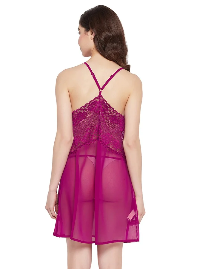 Clovia Clovia Chic Basic Sheer Babydoll with Matching G-string in Magenta - Georgette