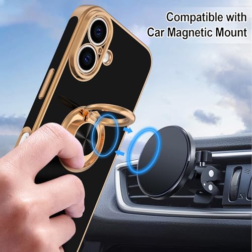 Hython for iPhone 16 Plus Case with Ring Stand, 360° Rotatable Ring Holder Magnetic Kickstand, Plating Rose Gold Edge Soft Cover Protective Phone Case for iPhone 16 Plus 6.7", Black - Image 5