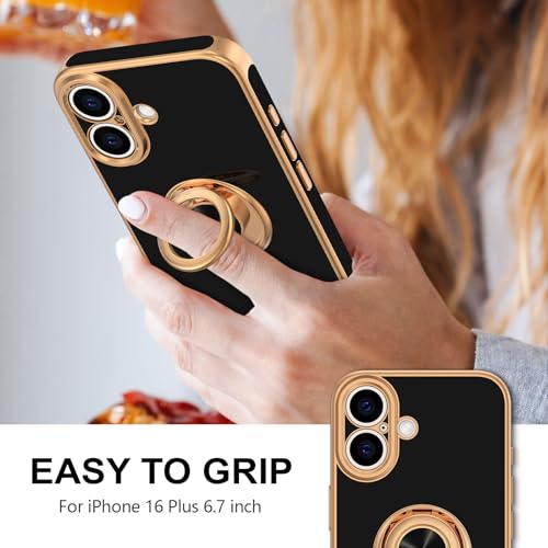 Hython for iPhone 16 Plus Case with Ring Stand, 360° Rotatable Ring Holder Magnetic Kickstand, Plating Rose Gold Edge Soft Cover Protective Phone Case for iPhone 16 Plus 6.7", Black - Image 2
