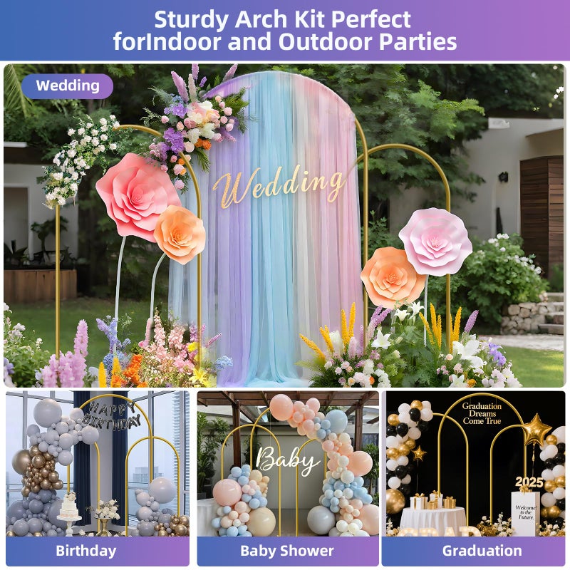 Hemmotop Metal Arch Backdrop Stand, 7.2FT+6.6FT+6FT Wedding Arches for Backdrop, Gold Background Arch Stands Set of 3, Flower Arches Frame for Birthday Party, Baby Shower, Graduation, Garden DÃ©cor - Image 3