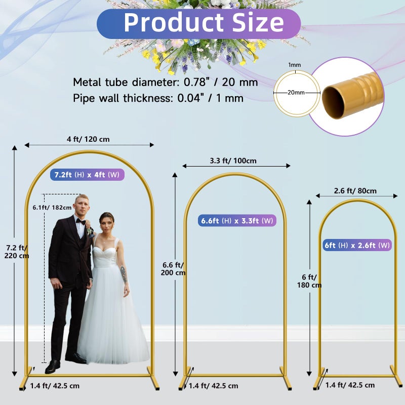 Hemmotop Metal Arch Backdrop Stand, 7.2FT+6.6FT+6FT Wedding Arches for Backdrop, Gold Background Arch Stands Set of 3, Flower Arches Frame for Birthday Party, Baby Shower, Graduation, Garden DÃ©cor - Image 2