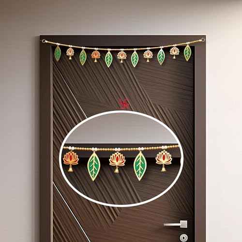 CREYENTES® Handmade Pink Lotus Mango Leaf Toran with Side Hangings, Bandanwar, Door Hanging for Main Entrance, MDF, Temple, Wedding, All Festival Decoration Stylish (Lotus_Pan_Toran), 36 cm - Image 1