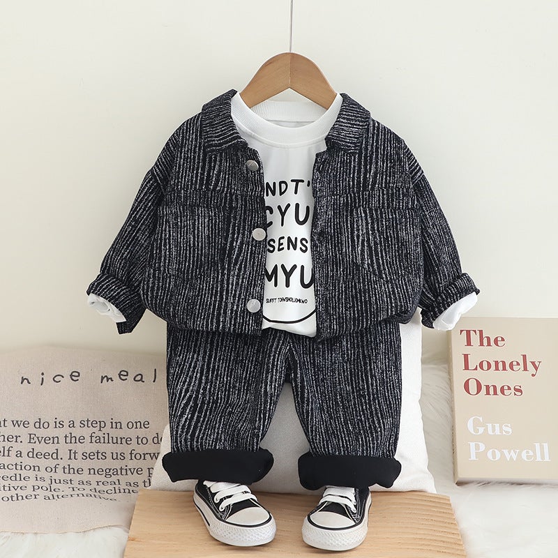Handsome Boys Spring New Clothing Children'S Striped Denim Long Sleeve Shirt Cardigan Three-Piece Set - Image 3
