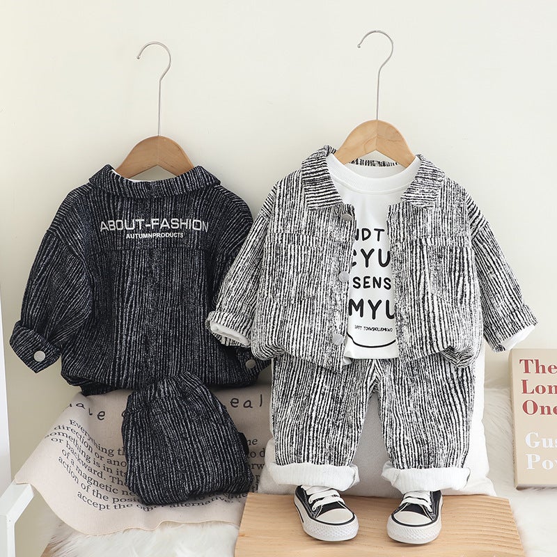 Handsome Boys Spring New Clothing Children'S Striped Denim Long Sleeve Shirt Cardigan Three-Piece Set - Image 2