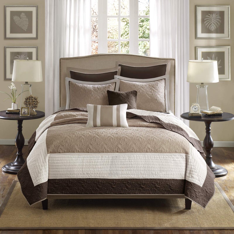 Madison Park Attingham Reversible Quilt Set  All Season Breathable Coverlet Lightweight Cozy Bedding Layers Matching Shams KingCal King104x94 Beige Multi 7 Piece