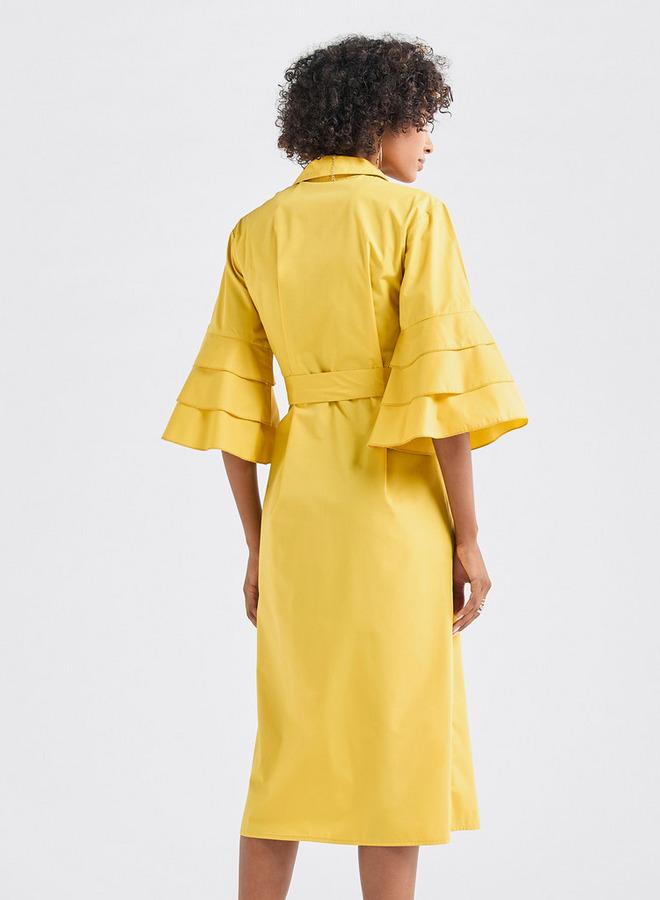 Splash FAV Solid Shirt Dress with Ruffle Sleeves and Belt - Image 3
