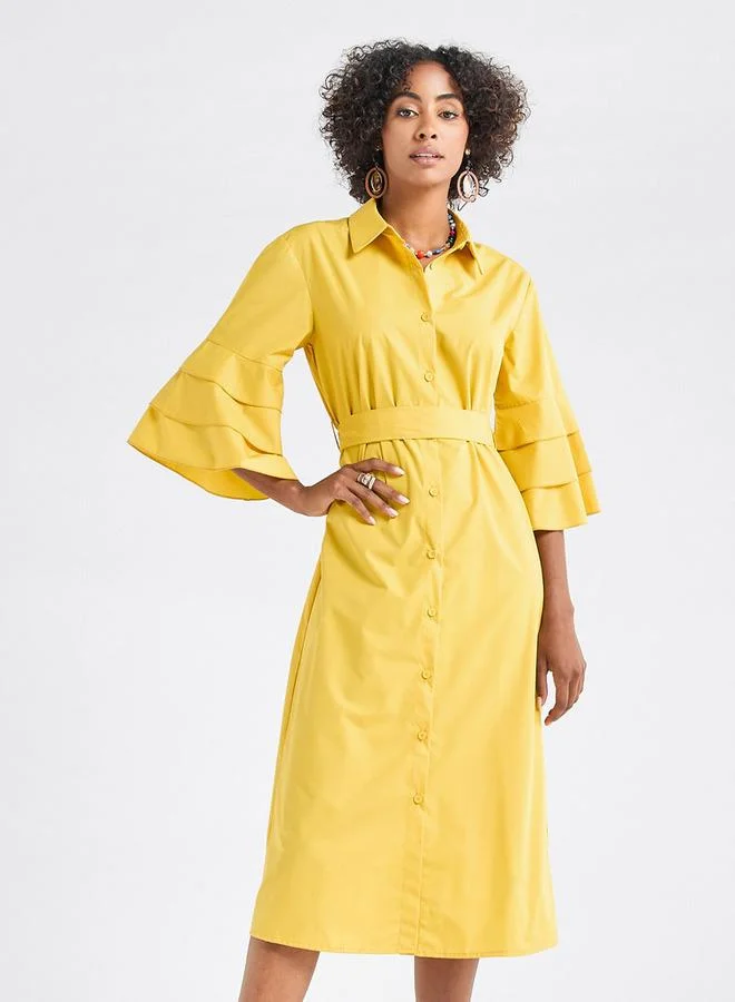 Splash FAV Solid Shirt Dress with Ruffle Sleeves and Belt