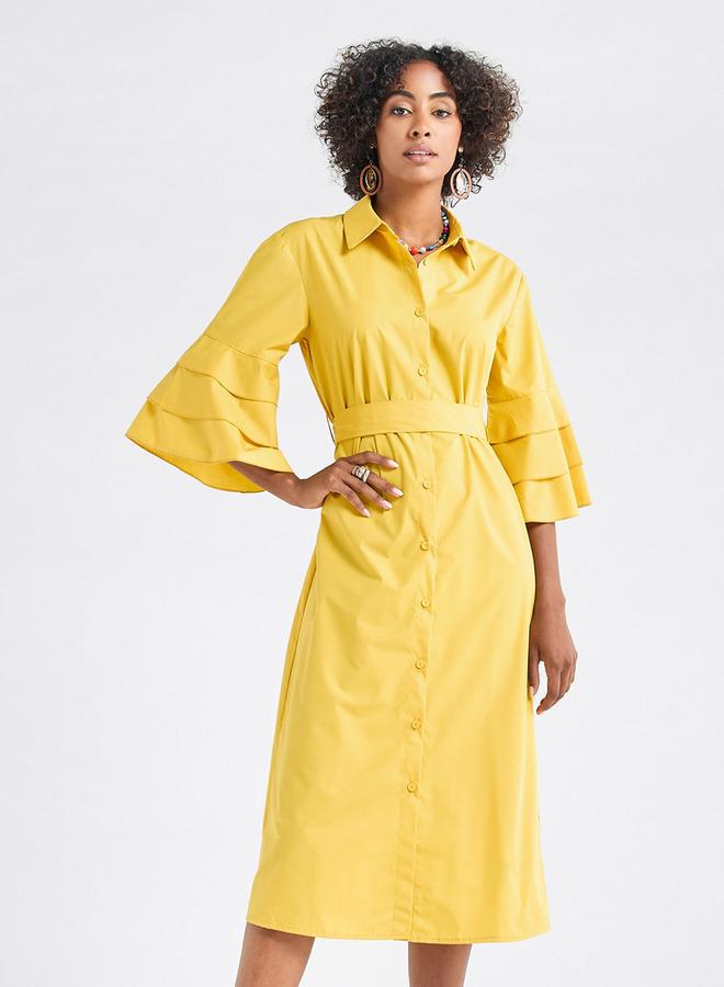 Splash FAV Solid Shirt Dress with Ruffle Sleeves and Belt - Image 1