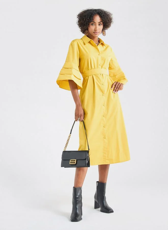Splash FAV Solid Shirt Dress with Ruffle Sleeves and Belt