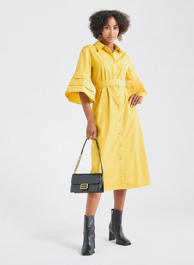 Splash FAV Solid Shirt Dress with Ruffle Sleeves and Belt - Image 2