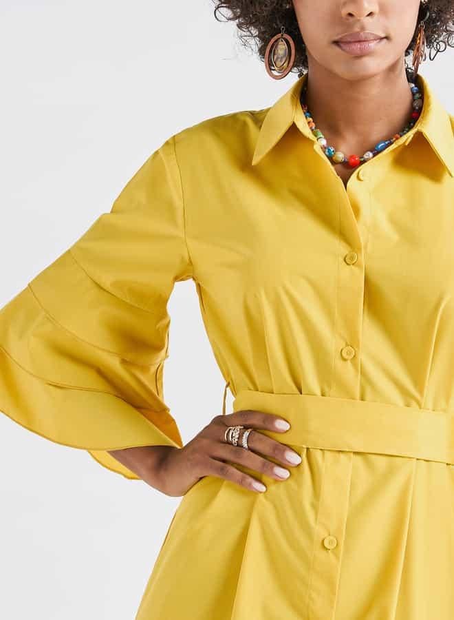 Splash FAV Solid Shirt Dress with Ruffle Sleeves and Belt - Image 4