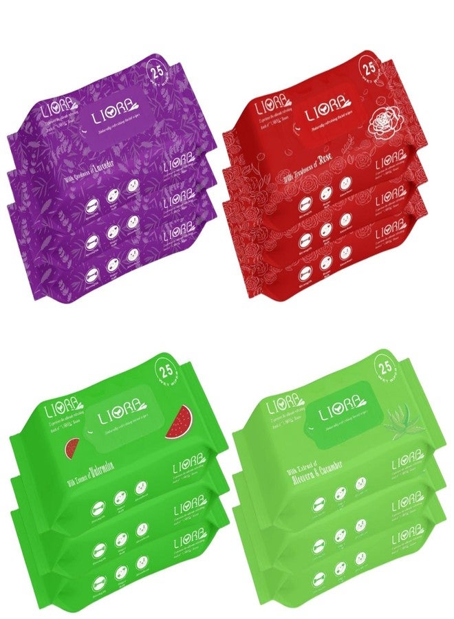 Liora Wet Wipes, Daily Cleansing Refreshing and Moisturizing Wet Facial Wipes - Rose, Lavender, Watermelon, Cucumber with Goodness of Aloevera, Antiacne (25 Count Each, Pack of 12) - Image 1