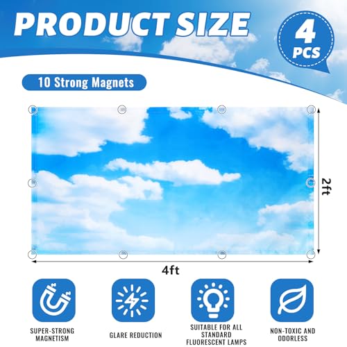 Hortsun 4 Pack Fluorescent Light Covers 4 x 2 Feet Magnetic Light Cover for Drop Ceiling, Fluorescent Ceiling Shade Filters for Office Classroom Home Hospital Decor(Cloud, Blue Sky) - Image 2