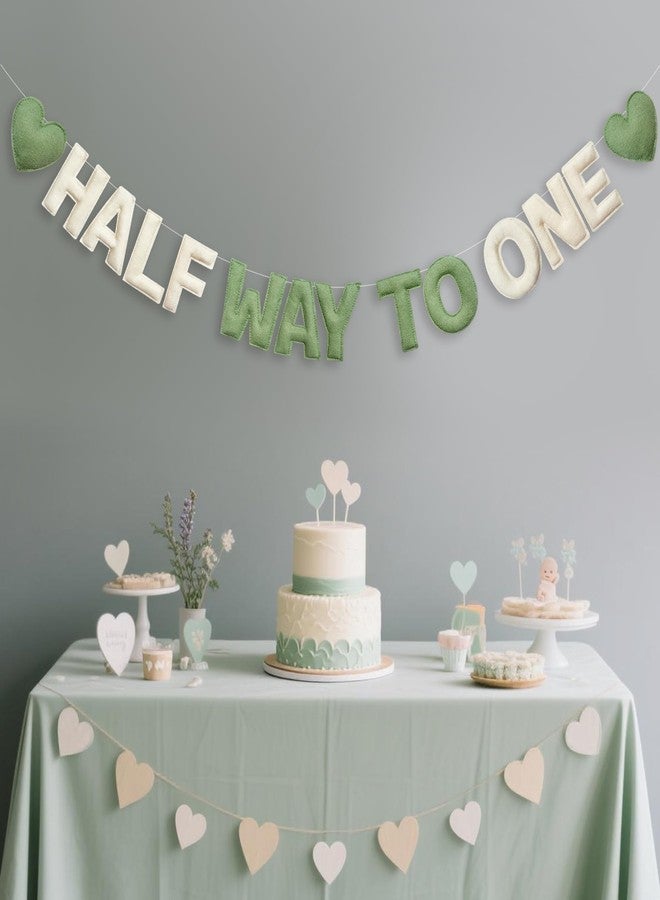 pinkblume Sage Green Heart 1/2 Way to One Birthday Decoration Pre-Strung Handmade Felt Half Way To One Sign Banner for 6 Months Birthday Baby Boy Girl Neutral Decorations Party Nursery Home Wall Fireplace Decor - Image 5