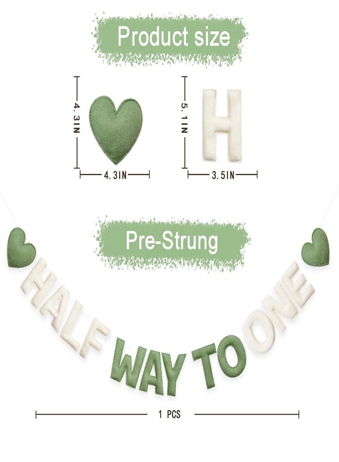 pinkblume Sage Green Heart 1/2 Way to One Birthday Decoration Pre-Strung Handmade Felt Half Way To One Sign Banner for 6 Months Birthday Baby Boy Girl Neutral Decorations Party Nursery Home Wall Fireplace Decor - Image 2