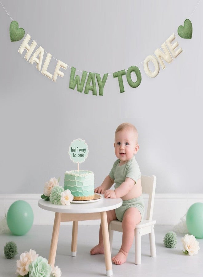 pinkblume Sage Green Heart 1/2 Way to One Birthday Decoration Pre-Strung Handmade Felt Half Way To One Sign Banner for 6 Months Birthday Baby Boy Girl Neutral Decorations Party Nursery Home Wall Fireplace Decor - Image 4