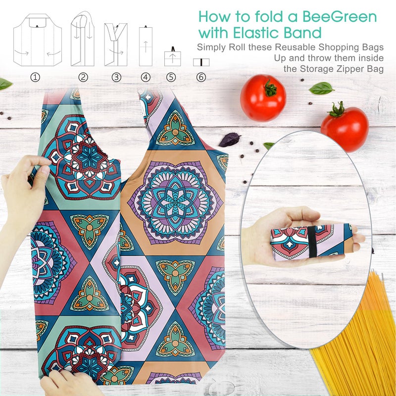 BeeGreen Boho Gifts for Women Geometric Reusable Grocery Bags Mandala Shopping Bags Bulk 6 Pack 50LBS X-Large Foldable-Machine Washable-Heavy Duty Mandana Yoga Gifts - Image 4