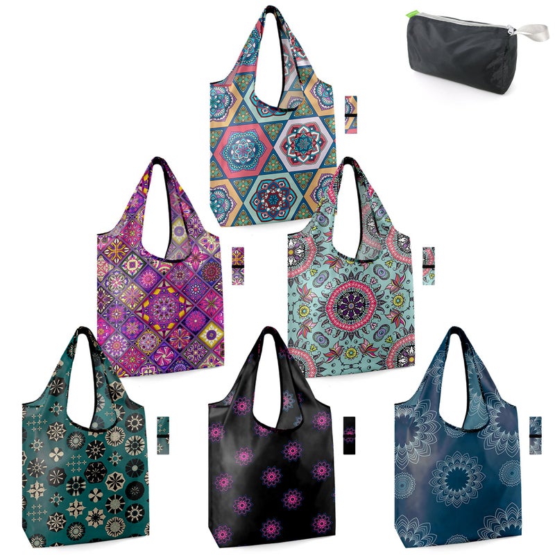 BeeGreen Boho Gifts for Women Geometric Reusable Grocery Bags Mandala Shopping Bags Bulk 6 Pack 50LBS X-Large Foldable-Machine Washable-Heavy Duty Mandana Yoga Gifts - Image 1