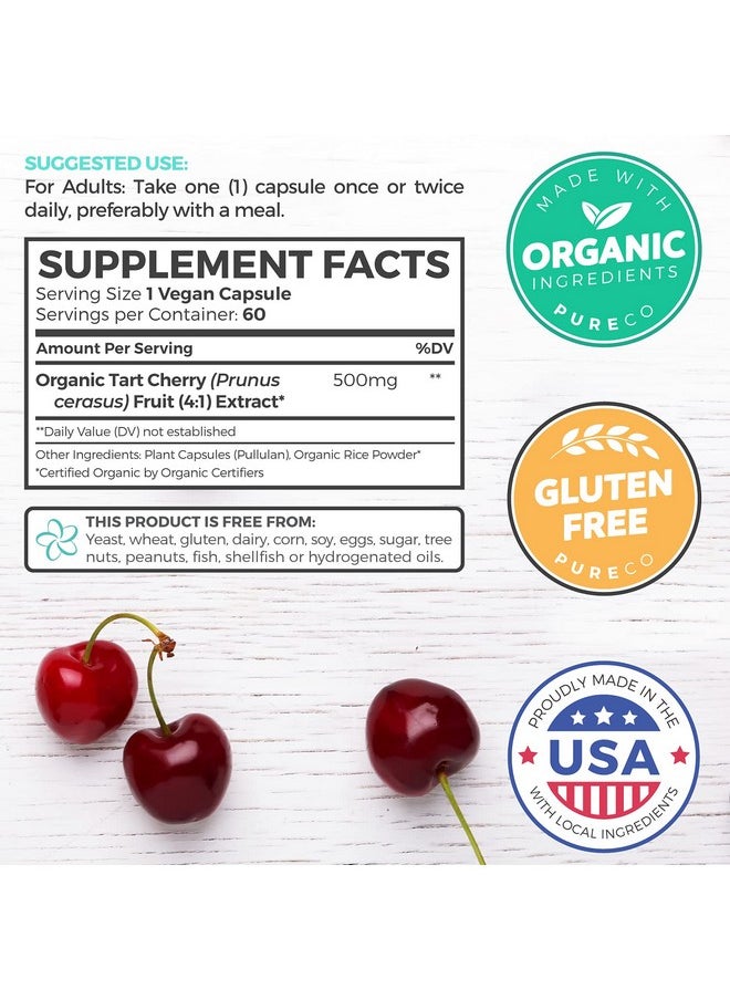 PURE CO - Organic Tart Cherry Capsules 4:1 Extract Equals 2000Mg Of Fresh Tart Cherries (Vegan) Natural Uric Acid Support Supplement 60 Capsules Of 500Mg (No Pills Or Juice) - Image 1