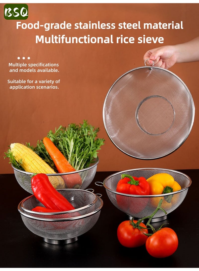 بي إس كيو طقم مصفاة دائرية من الفولاذ المقاوم للصدأ مكون من 3 قطع | 18 سم، 20 سم، 22 سم | مصفاة بشبكة دقيقة ومصفاة | حوض لغسل الفواكه والخضراوات | سلة تصفية | مناسب لغسل وتصفية الأرز والفواكه والخضراوات والمعكرونة والفاصوليا والحبوب وغيرها من المكونات | سهل التنظيف، مقاوم للصدأ | حل متعدد الاستخدامات لتخزين وتصفية أدوات المطبخ | فضي - Image 1