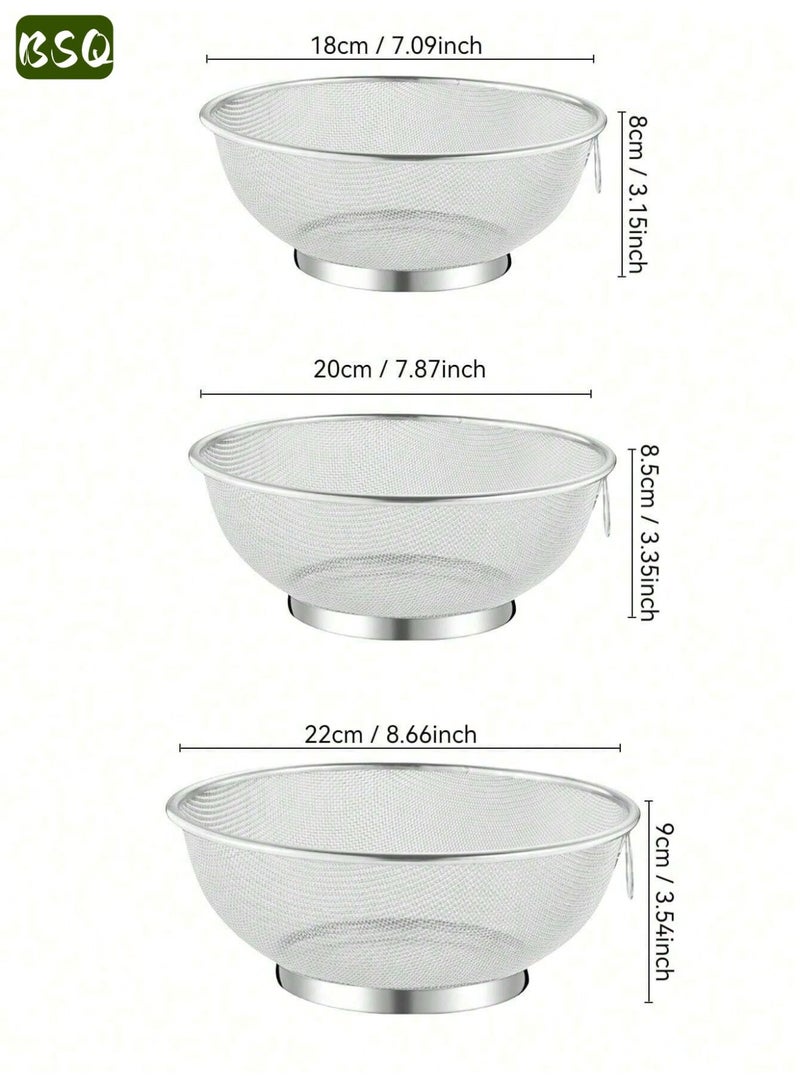 بي إس كيو طقم مصفاة دائرية من الفولاذ المقاوم للصدأ مكون من 3 قطع | 18 سم، 20 سم، 22 سم | مصفاة بشبكة دقيقة ومصفاة | حوض لغسل الفواكه والخضراوات | سلة تصفية | مناسب لغسل وتصفية الأرز والفواكه والخضراوات والمعكرونة والفاصوليا والحبوب وغيرها من المكونات | سهل التنظيف، مقاوم للصدأ | حل متعدد الاستخدامات لتخزين وتصفية أدوات المطبخ | فضي - Image 2