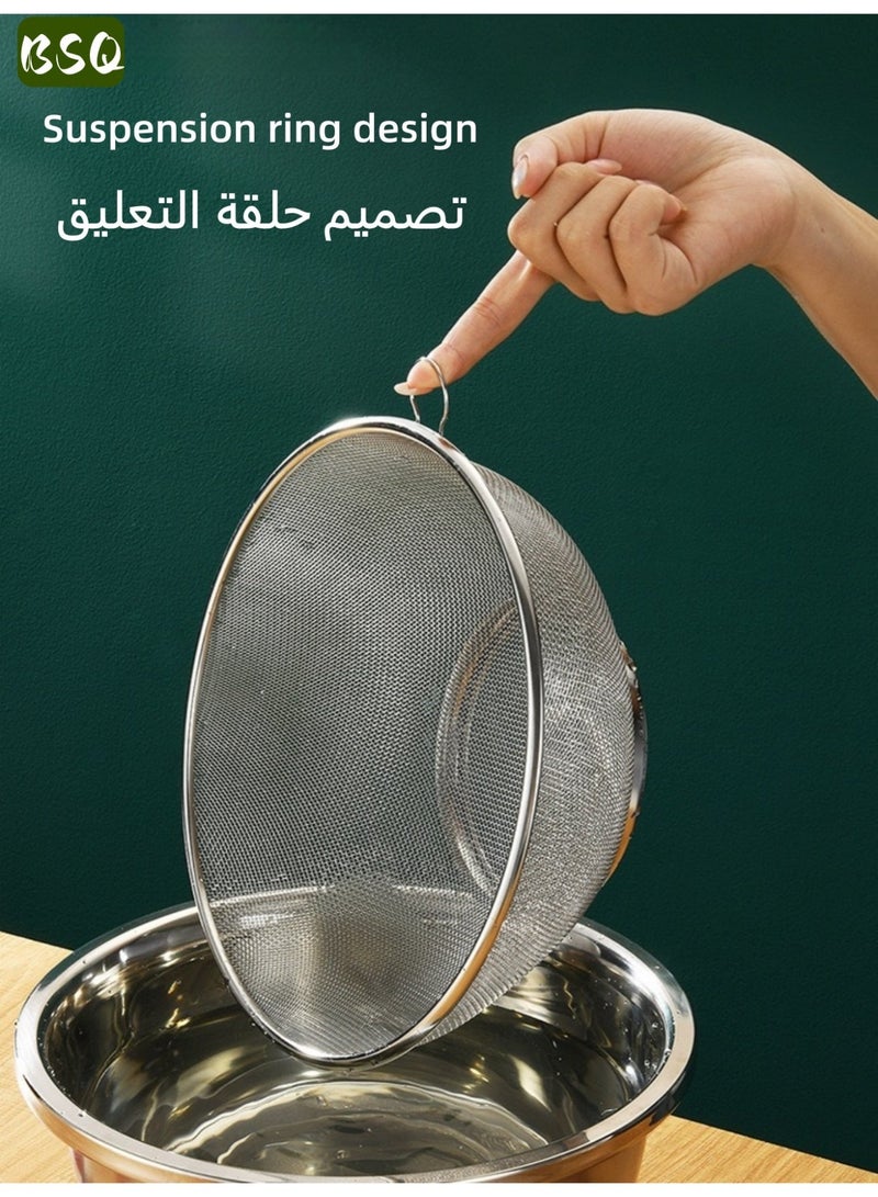 بي إس كيو طقم مصفاة دائرية من الفولاذ المقاوم للصدأ مكون من 3 قطع | 18 سم، 20 سم، 22 سم | مصفاة بشبكة دقيقة ومصفاة | حوض لغسل الفواكه والخضراوات | سلة تصفية | مناسب لغسل وتصفية الأرز والفواكه والخضراوات والمعكرونة والفاصوليا والحبوب وغيرها من المكونات | سهل التنظيف، مقاوم للصدأ | حل متعدد الاستخدامات لتخزين وتصفية أدوات المطبخ | فضي - Image 5