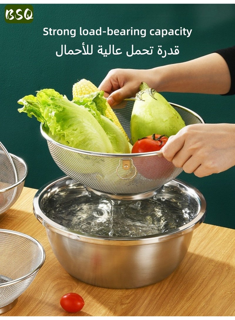 بي إس كيو طقم مصفاة دائرية من الفولاذ المقاوم للصدأ مكون من 3 قطع | 18 سم، 20 سم، 22 سم | مصفاة بشبكة دقيقة ومصفاة | حوض لغسل الفواكه والخضراوات | سلة تصفية | مناسب لغسل وتصفية الأرز والفواكه والخضراوات والمعكرونة والفاصوليا والحبوب وغيرها من المكونات | سهل التنظيف، مقاوم للصدأ | حل متعدد الاستخدامات لتخزين وتصفية أدوات المطبخ | فضي - Image 3