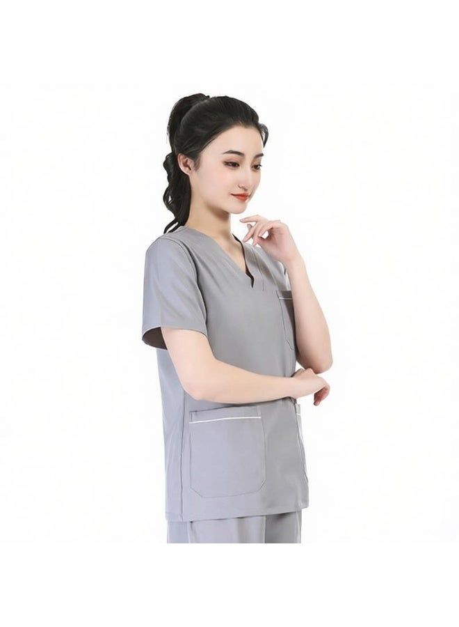 Womens V-Neck Scrubs Set Micro Elasticity Short Sleeves Top & Pants Soft Fabric Medical Nursing Uniform Grey