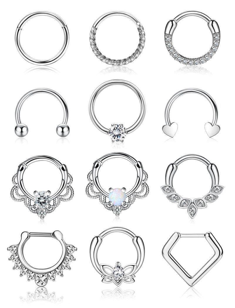 YADOCA 12pcs 16G Septum Rings for Women Men Hypoallergenic Surgical Steel Nose Piercings Jewelry Clicker Hinged Tragus Hoop Earrings CZ Love Nose Ring 8-10mm - Image 1