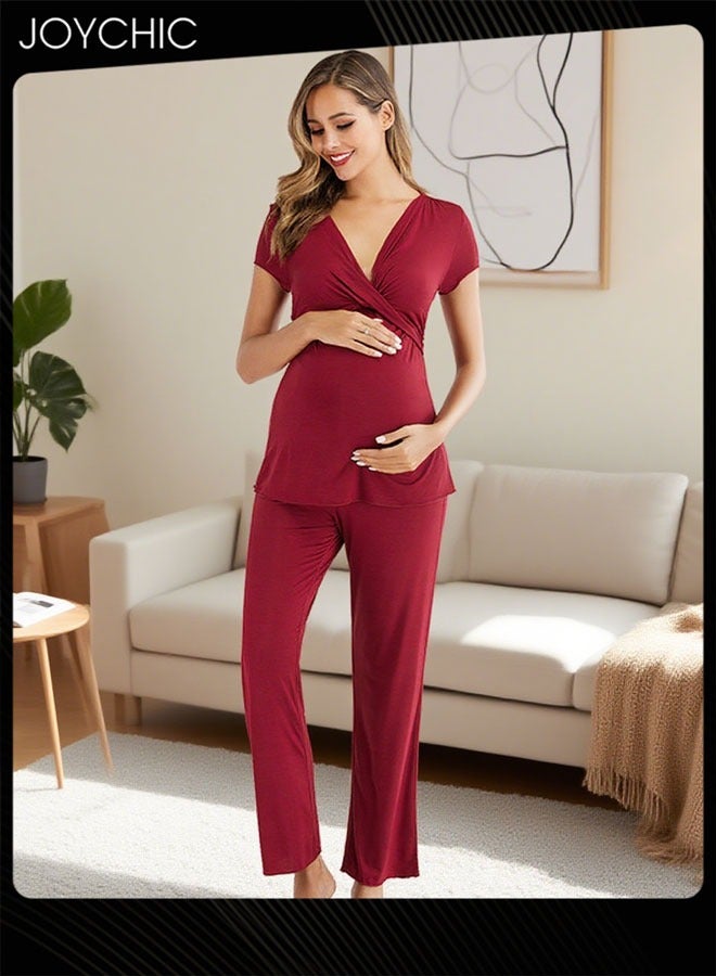 Joychic 2-piece Solid Color Maternity Women Modal Loose Comfortable and Breathable Pajama Set Spring and Summer Autumn Short-sleeved Trousers Sleepwear Home Clothes Wine Red - Image 1