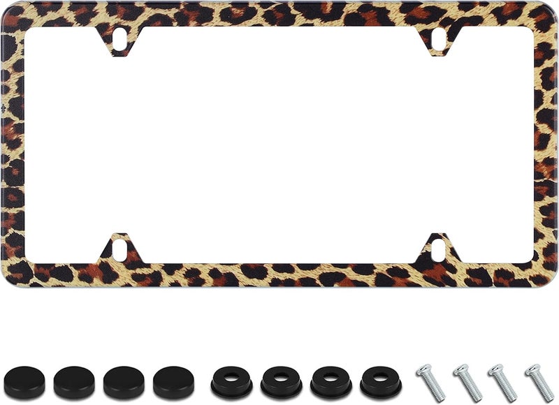 UNINDREM Brown Leopard Print License Plate Frame - Stainless Steel, Rust-Proof, with Screws - Image 1