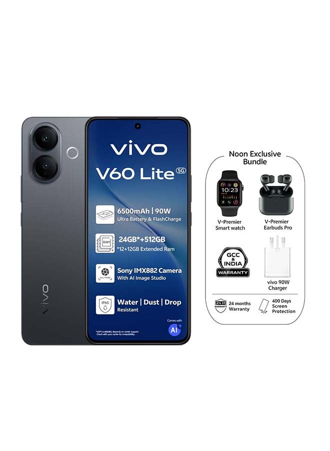 فيفو V60 لايت AI 5G ثنائي الشريحة أنيق أسود 12 جيجابايت RAM 512 جيجابايت مع هدايا حصرية سماعات أذن برو، ساعة ذكية، شاحن 90 واط وضمان 24 شهر + 400 يوم من حماية الشاشة - نسخة الشرق الأوسط - Image 1