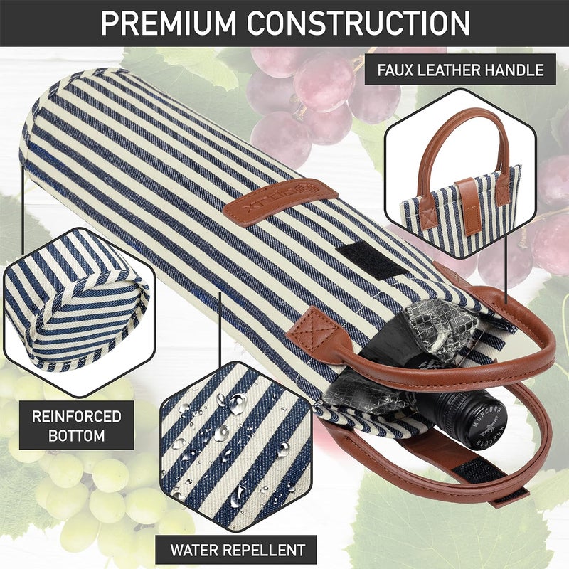 OPUX Wine Bag Single Bottle Carrier Tote, Insulated Travel Wine Cooler Bag for Picnic Beach Gift, Thermal Padded Portable One Bottle Holder Carrying Case for Women Men Wine Lovers, Navy White Stripes - Image 5