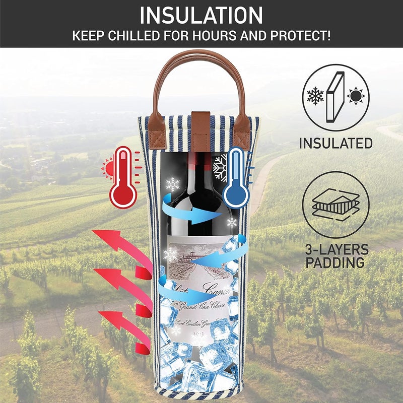 OPUX Wine Bag Single Bottle Carrier Tote, Insulated Travel Wine Cooler Bag for Picnic Beach Gift, Thermal Padded Portable One Bottle Holder Carrying Case for Women Men Wine Lovers, Navy White Stripes - Image 2