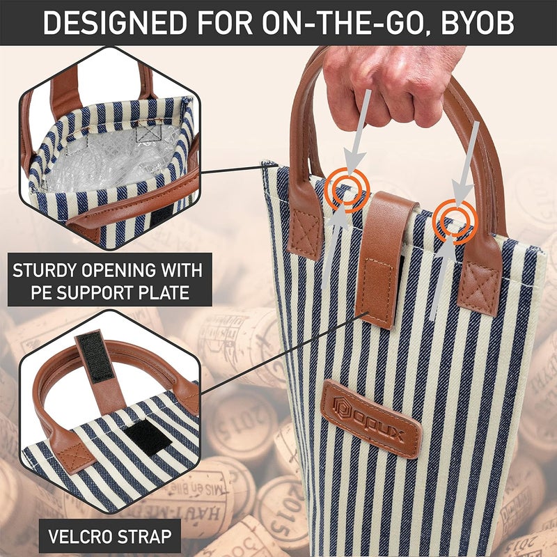 OPUX Wine Bag Single Bottle Carrier Tote, Insulated Travel Wine Cooler Bag for Picnic Beach Gift, Thermal Padded Portable One Bottle Holder Carrying Case for Women Men Wine Lovers, Navy White Stripes - Image 4