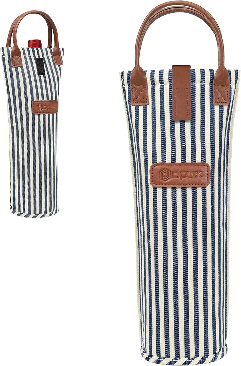 OPUX Wine Bag Single Bottle Carrier Tote, Insulated Travel Wine Cooler Bag for Picnic Beach Gift, Thermal Padded Portable One Bottle Holder Carrying Case for Women Men Wine Lovers, Navy White Stripes - Image 1