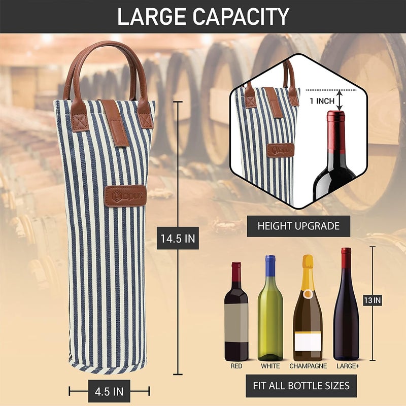 OPUX Wine Bag Single Bottle Carrier Tote, Insulated Travel Wine Cooler Bag for Picnic Beach Gift, Thermal Padded Portable One Bottle Holder Carrying Case for Women Men Wine Lovers, Navy White Stripes - Image 3