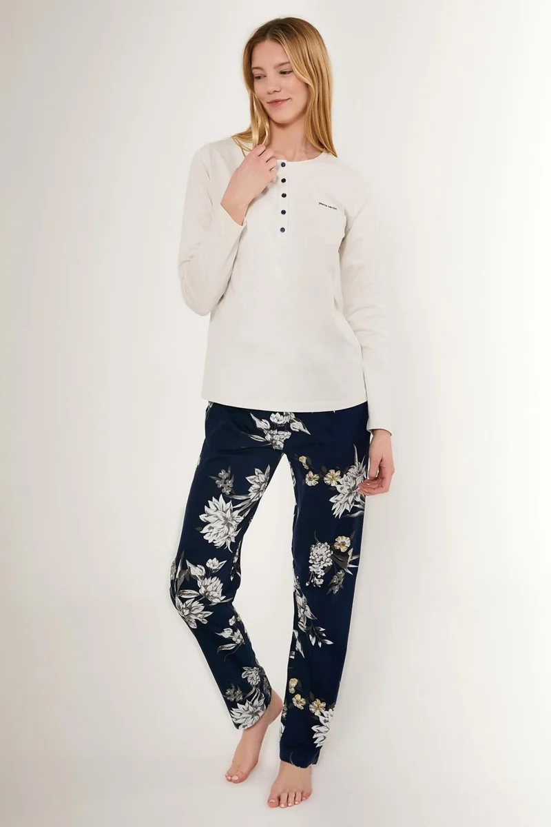 pierre cardin Women's 100% Cotton Plus Size Pajama Set, White Top, Navy Blue Bottom, Pocket and Patterned Women's Pajama Set