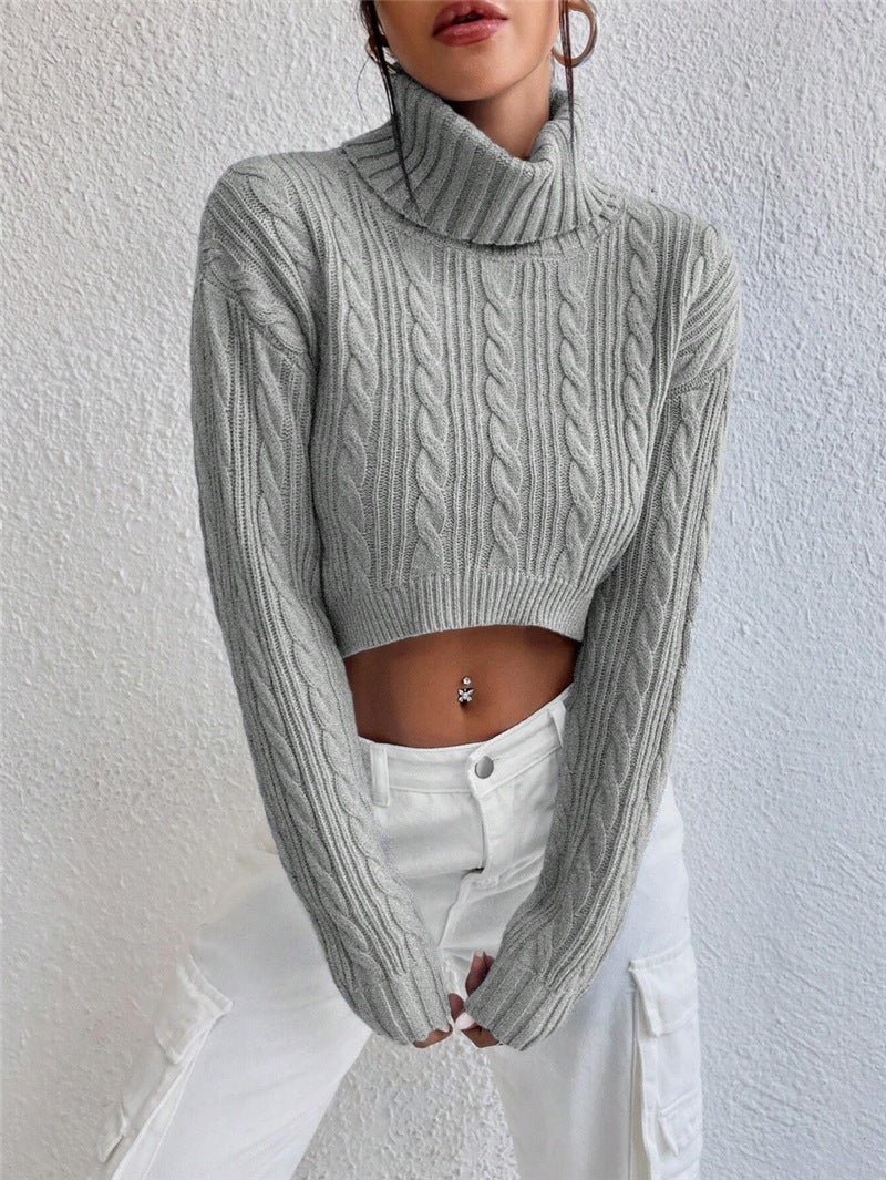 Women's Twist Short Sweater – Turtleneck Long Sleeve Pullover