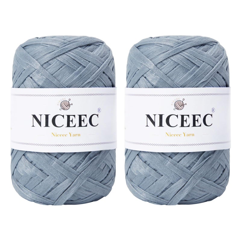 NICEEC 2 Skeins Soft Tape Yarn for Crocheting Craft Paper Yarn Easy Crochet Raffia Yarn Ribbon Yarn for DIY Craft Gift Wrapping Total Length 1.76ozÃ—2/109ydsÃ—2-Dusty Blue - Image 1