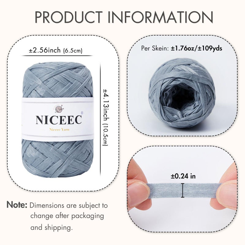 NICEEC 2 Skeins Soft Tape Yarn for Crocheting Craft Paper Yarn Easy Crochet Raffia Yarn Ribbon Yarn for DIY Craft Gift Wrapping Total Length 1.76ozÃ—2/109ydsÃ—2-Dusty Blue - Image 2