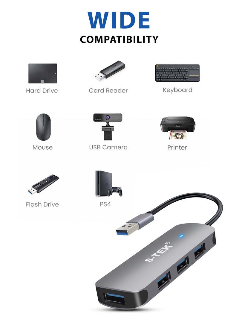 S-TEK - S-TEK 4-Port USB 3.0 Hub, Ultra Slim and Sleek Design Data USB-A Hub [Charging Not Supported] for MacBook Pro, Mac Pro, iMac, XPS, Flash Drive, Hard Drive, PC - Image 1