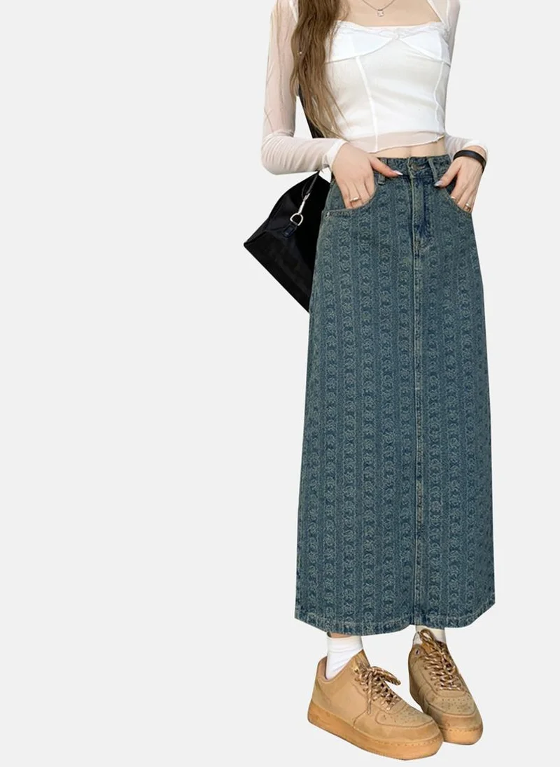 YUNIQEE Blue Solid Denim Midi Skirt