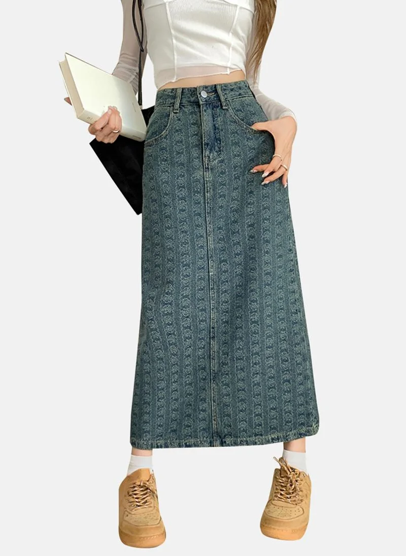 YUNIQEE Blue Solid Denim Midi Skirt