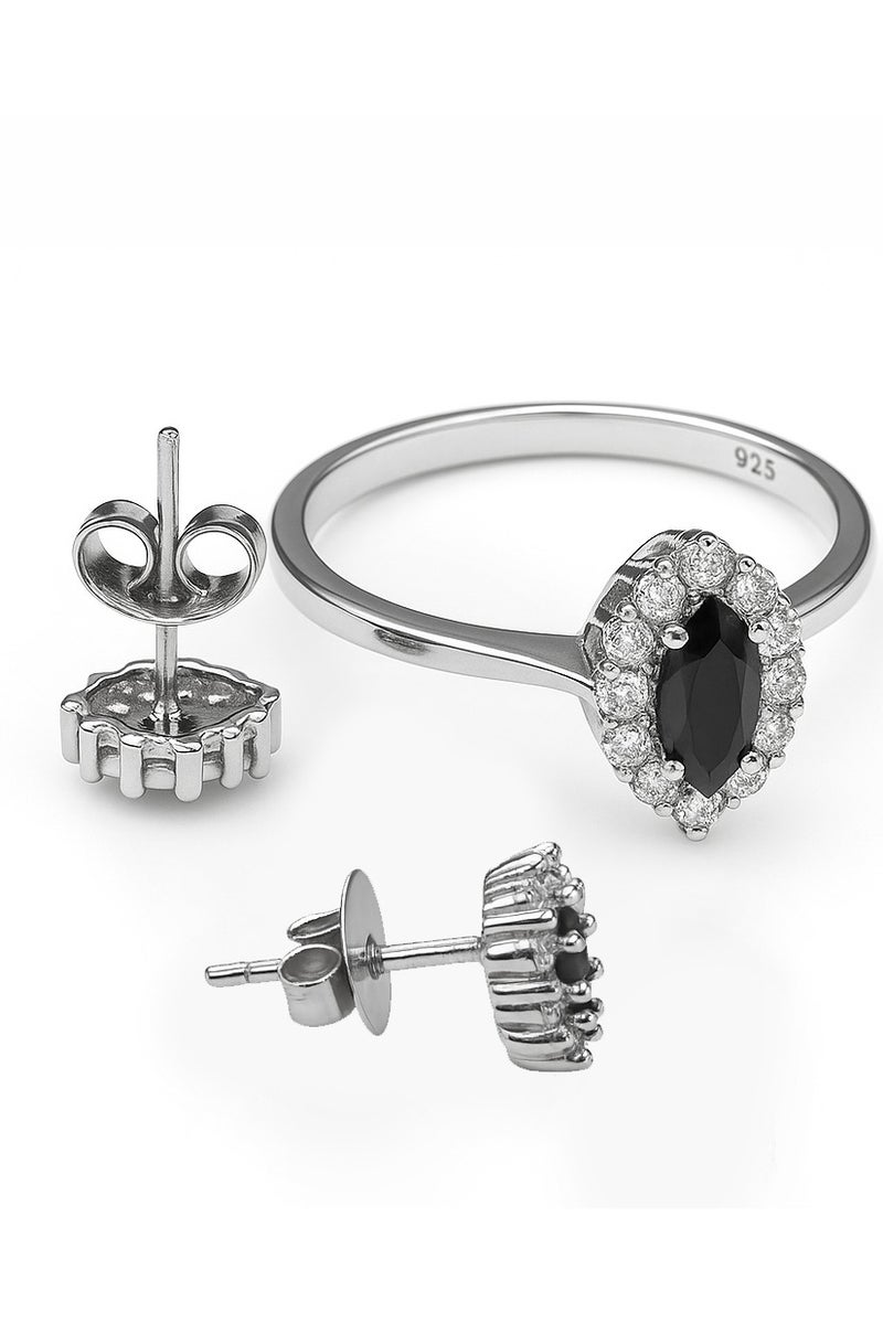 Ready For Chai Elegant Black Marquise Set | Real 925 Sterling Silver Jewelry for women with Simulated Gemstones | Rhodium-Plated Ring, Pendant & Earrings - Image 3