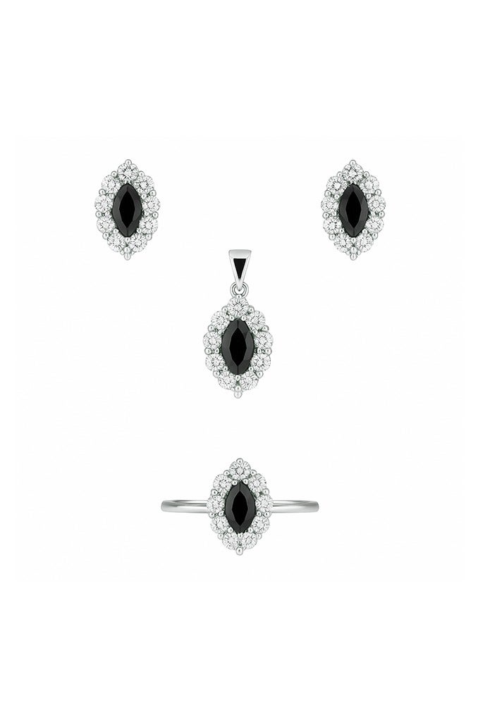 Ready For Chai Elegant Black Marquise Set | Real 925 Sterling Silver Jewelry for women with Simulated Gemstones | Rhodium-Plated Ring, Pendant & Earrings - Image 1