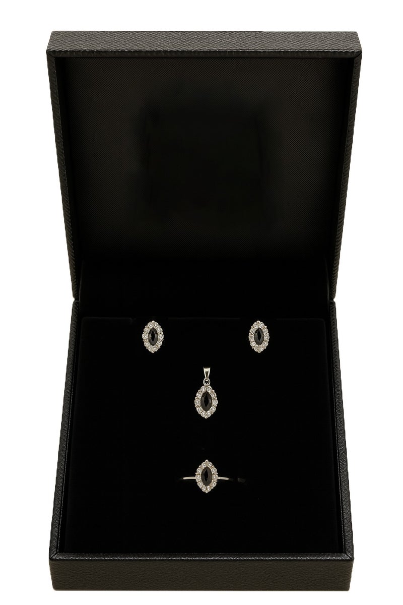 Ready For Chai Elegant Black Marquise Set | Real 925 Sterling Silver Jewelry for women with Simulated Gemstones | Rhodium-Plated Ring, Pendant & Earrings - Image 2