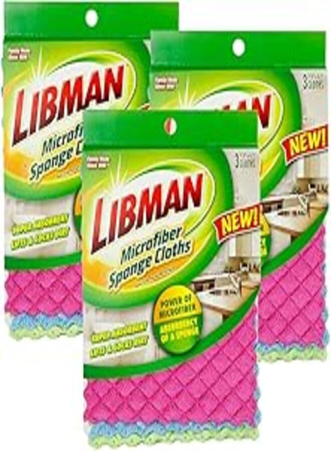 Libman 1482 Microfiber Sponge Cloths – Combines the Best of a Sponge and Dish Cloth, Includes 3 Packs of 3 Sponge Cloths (9 Total Sponge Cloths), Pink, Blue and Green